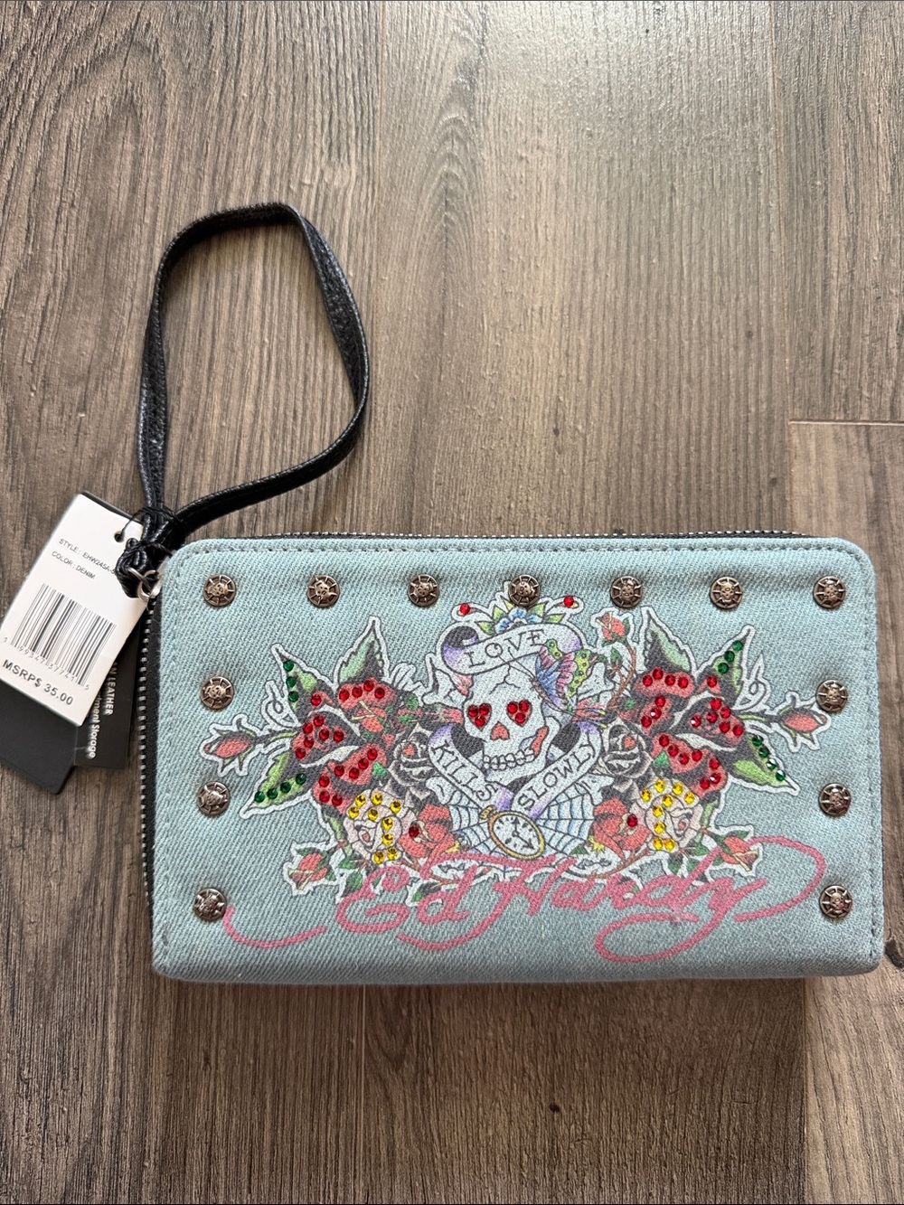 NWT Ed Hardy Love Kills Slowly Skull Double Zip Wristlet